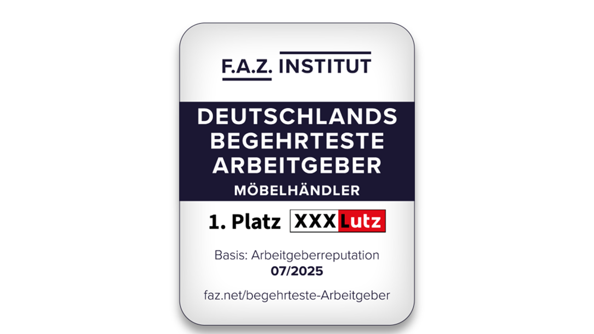 Auszeichnung des F.A.Z.-Instituts: XXXLutz belegt den 1. Platz als begehrtester Arbeitgeber 2025 unter den Möbelhändlern in Deutschland.