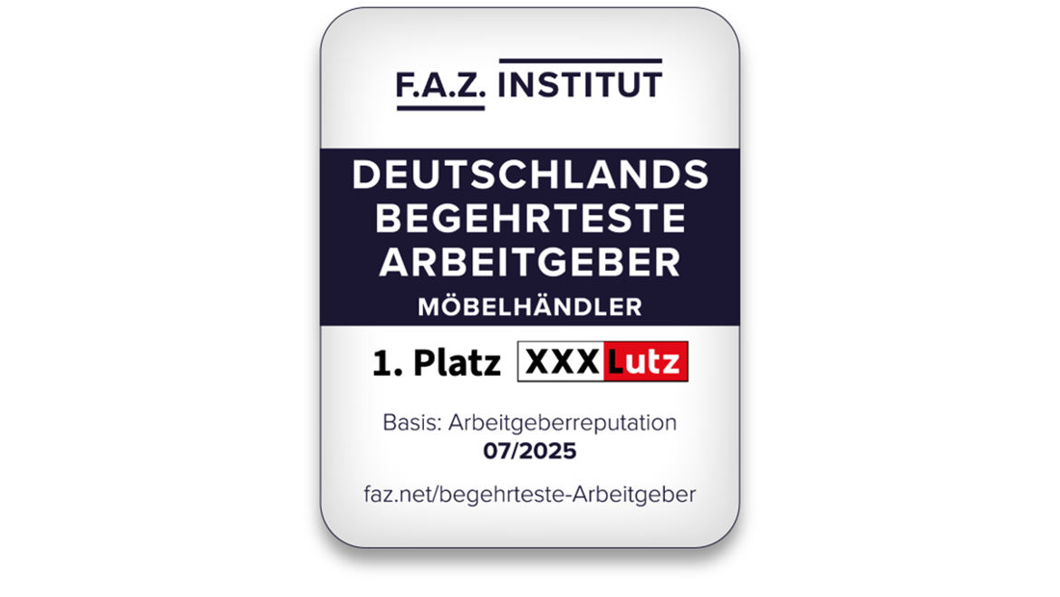 Auszeichnung des F.A.Z.-Instituts: XXXLutz belegt den 1. Platz als begehrtester Arbeitgeber 2025 unter den Möbelhändlern in Deutschland.