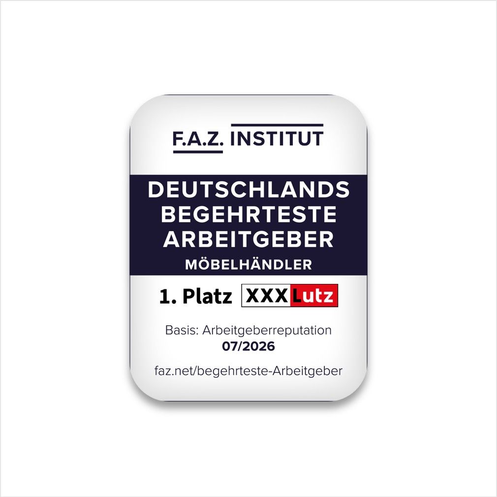Auszeichnung des F.A.Z.-Instituts: XXXLutz belegt den 1. Platz als begehrtester Arbeitgeber 2026 unter den Möbelhändlern in Deutschland.