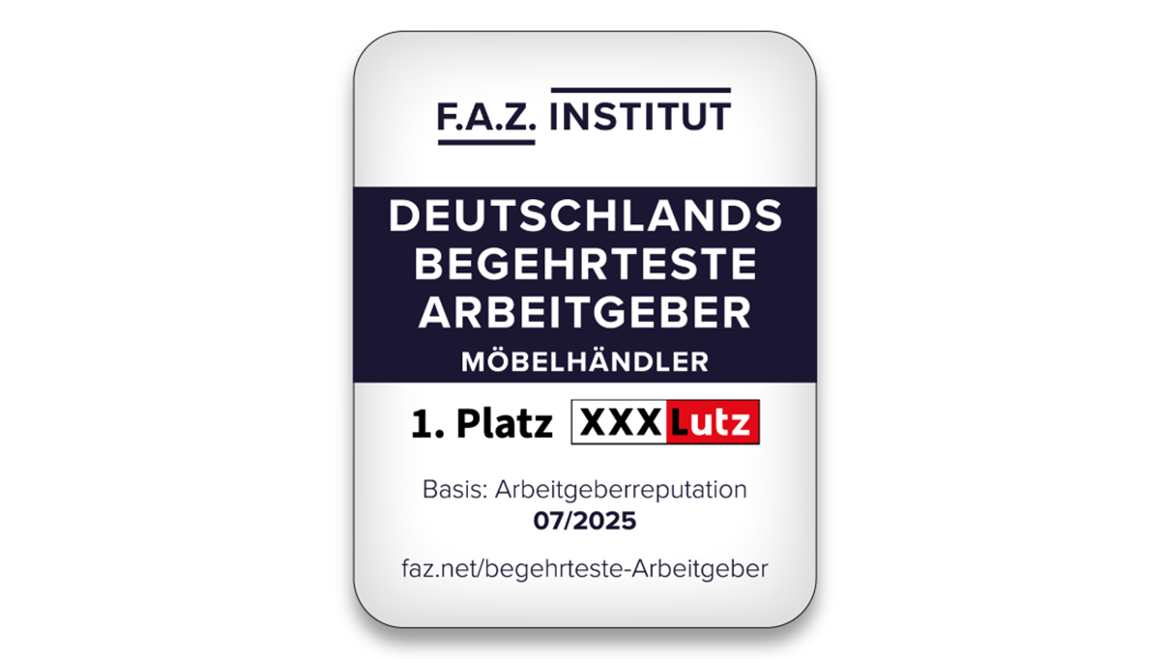 Auszeichnung des F.A.Z.-Instituts: XXXLutz belegt den 1. Platz als begehrtester Arbeitgeber 2025 unter den Möbelhändlern in Deutschland.